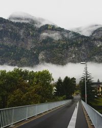 Trees by mountains against sky