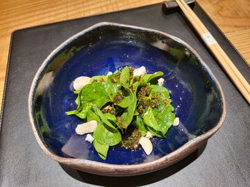 High angle view of food in bowl on table
