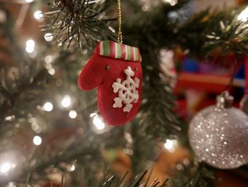 Close-up of christmas decoration hanging on tree