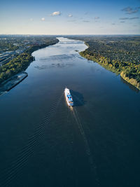 High angle view of nautical vessel on sea against sky