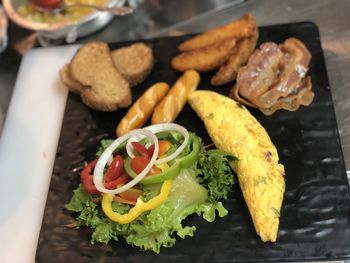 High angle view of meal served on table