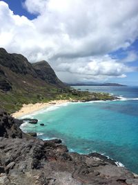 Scenic view of sea and mountains against sky