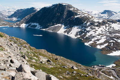 Scenic view of lake by snowcapped mountains