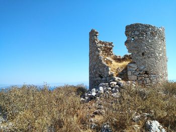 View of old ruin building against clear blue sky