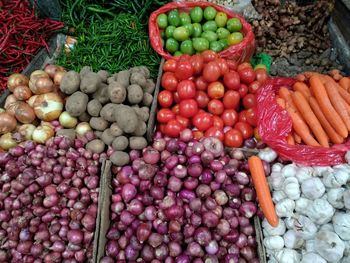 High angle view of vegetables for sale at market stall