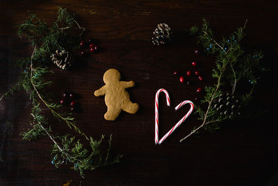 High angle view of christmas decorations on table