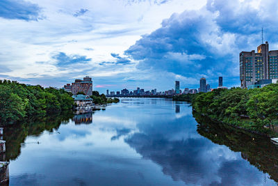 Clouds rolling into the city during blue hour reflecting in the river.