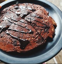 High angle view of cake in plate on table