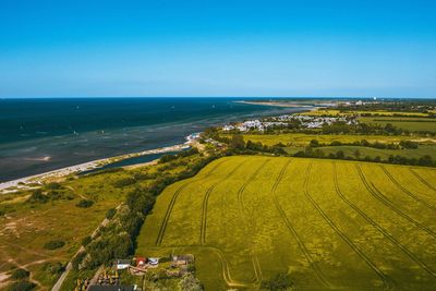 Scenic view of agricultural field against clear blue sky