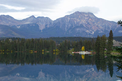 Lake beauvert with trees and reflection. jasper national park, alberta, canada. banff national park.