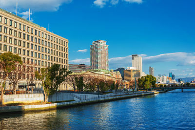 Buildings by river against blue sky