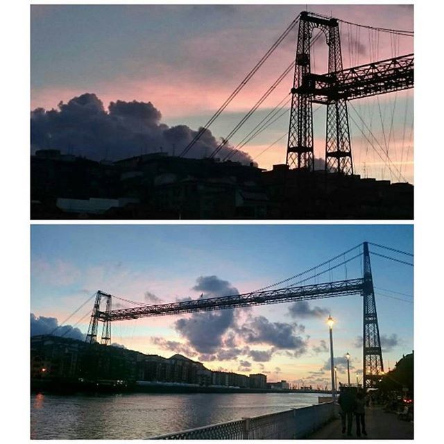 connection, architecture, built structure, sky, bridge - man made structure, transportation, suspension bridge, transfer print, cloud - sky, engineering, river, water, sunset, waterfront, cloud, auto post production filter, cloudy, city, bridge, electricity pylon