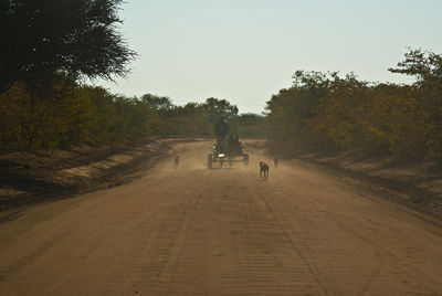 People riding motorcycle on road against sky