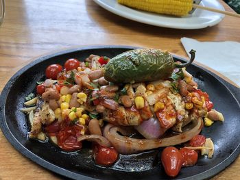 High angle view of food in plate