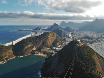 High angle view of sea and mountains against sky