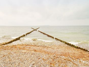 Old wooden breakwaters on a shore of baltic sea. white foamy water splashing stones on beach.