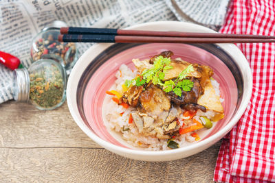 High angle view of food in bowl on table