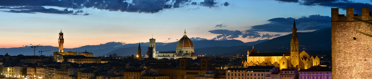 Panoramic view of buildings against sky at sunset