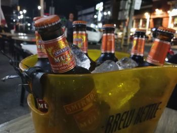 Close-up of beer bottles