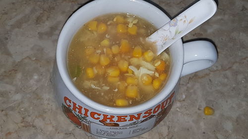 High angle view of soup in bowl on table