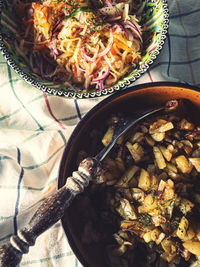 High angle view of meal served on table