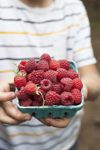 Midsection of person holding raspberry bowl