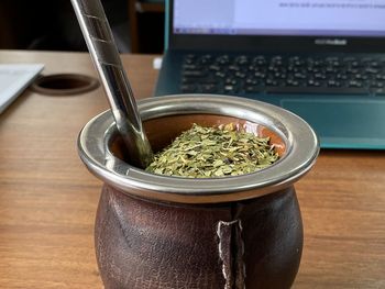 High angle view of laptop on table