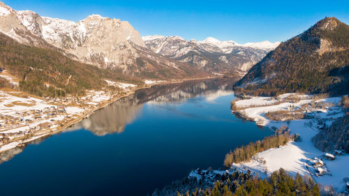 Scenic view of lake and snowcapped mountains against sky