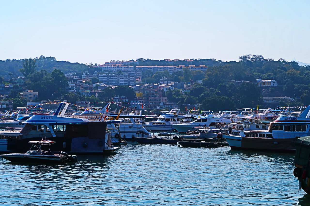 VIEW OF HARBOR AGAINST CLEAR SKY