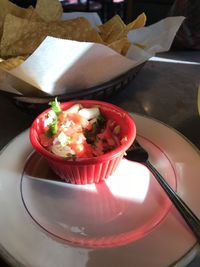 High angle view of dessert in bowl on table