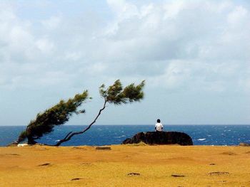 Boy sitting on rock next to sea against cloudy sky