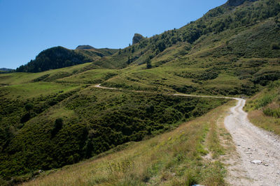 Road amidst green landscape against clear sky