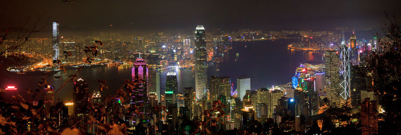 Panoramic view of illuminated cityscape against sky at night