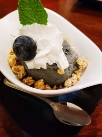 Close-up of dessert in plate on table