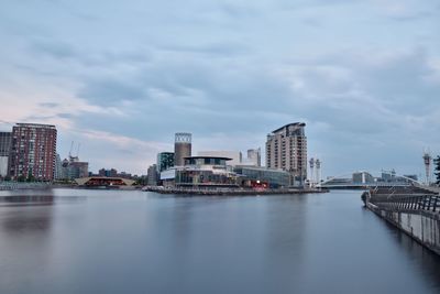 Buildings by river against sky in city