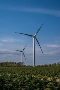 2 vestas windmills in forestry area, denmark