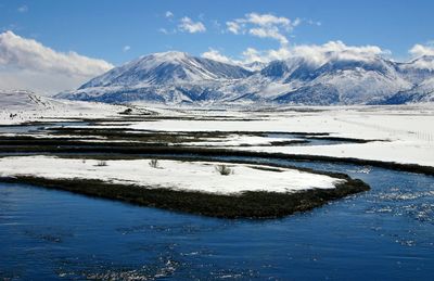Scenic view of calm lake and snowcapped mountains against sky