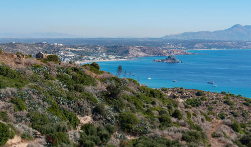 View over beach and bay of kefalos, kos greece