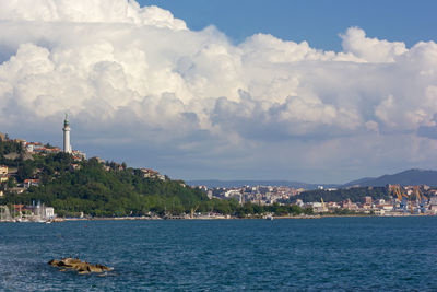 City at waterfront against cloudy sky