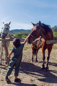 Boy strokes a horse that is standing on the street in the mountains