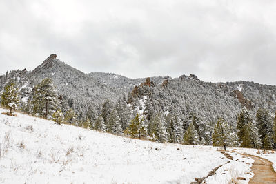 Spring snowstorm covers mountain range and flat irons of chautauqua park . boulder, colorado 