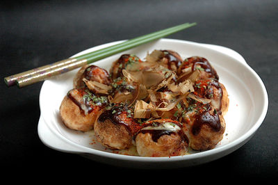 High angle view of takoyaki served in plate