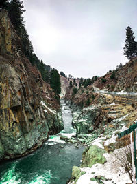 Scenic view of waterfall against sky