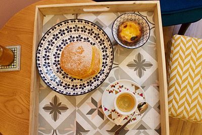 High angle view of breakfast on table