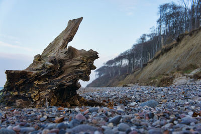 Rocks on beach against sky