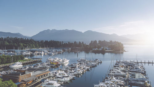 High angle view of harbor against sky