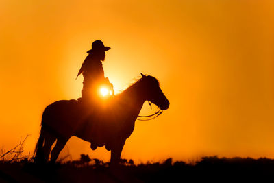 Silhouette of man riding horse