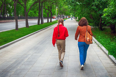 Two girls are walking along a green city street with lush deciduous trees. summer. day.