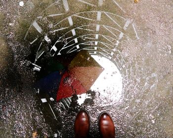 Directly above shot of feet in puddle