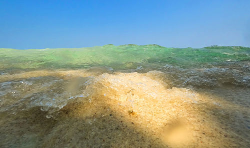 Scenic view of sea against clear blue sky